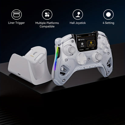 Gaming controller with charging stand on a black background