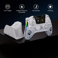 Gaming controller with charging stand on a black background