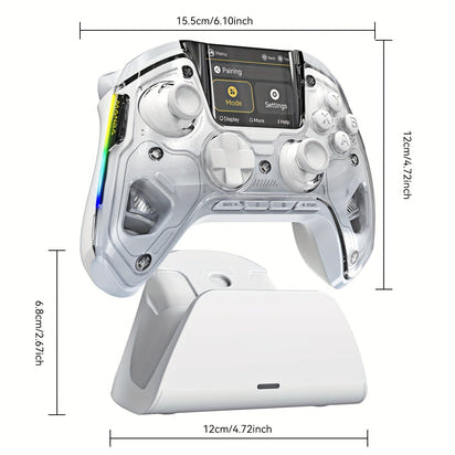 Gaming controller with charging stand and dimensions on a white background