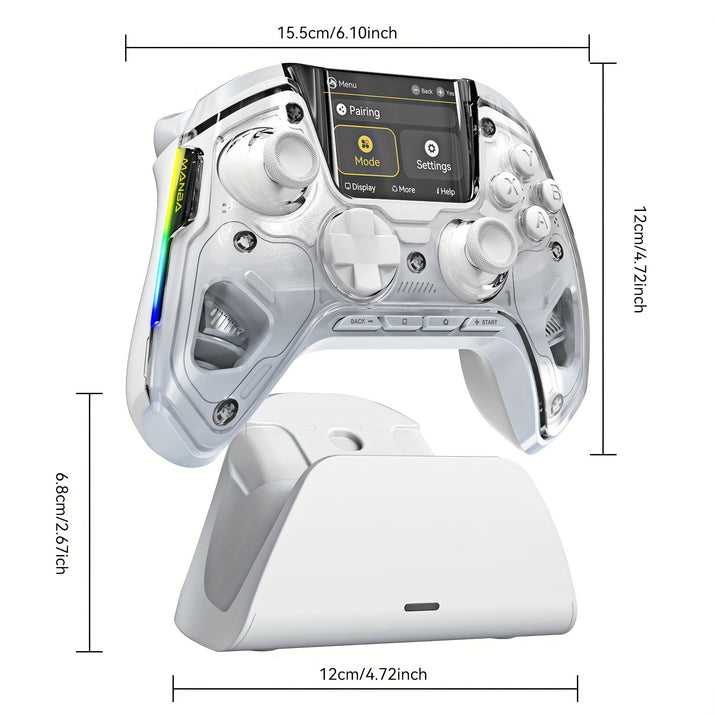 Gaming controller with charging stand and dimensions on a white background