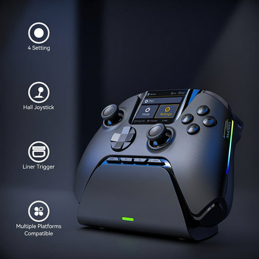 Gaming controller with features highlighted on a dark background